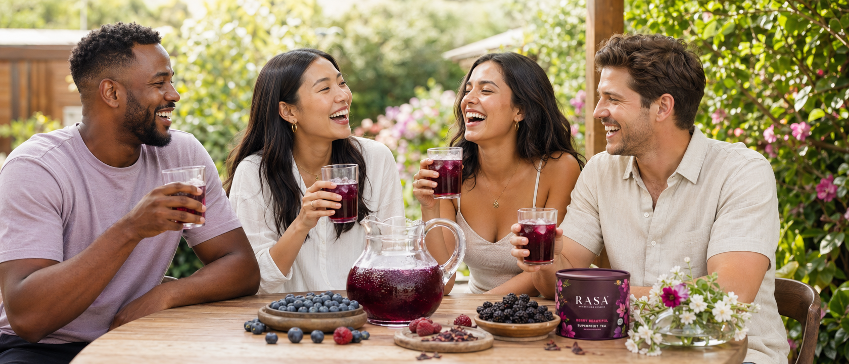 Diverse group of friends enjoying berry detox tea together on a sunny patio