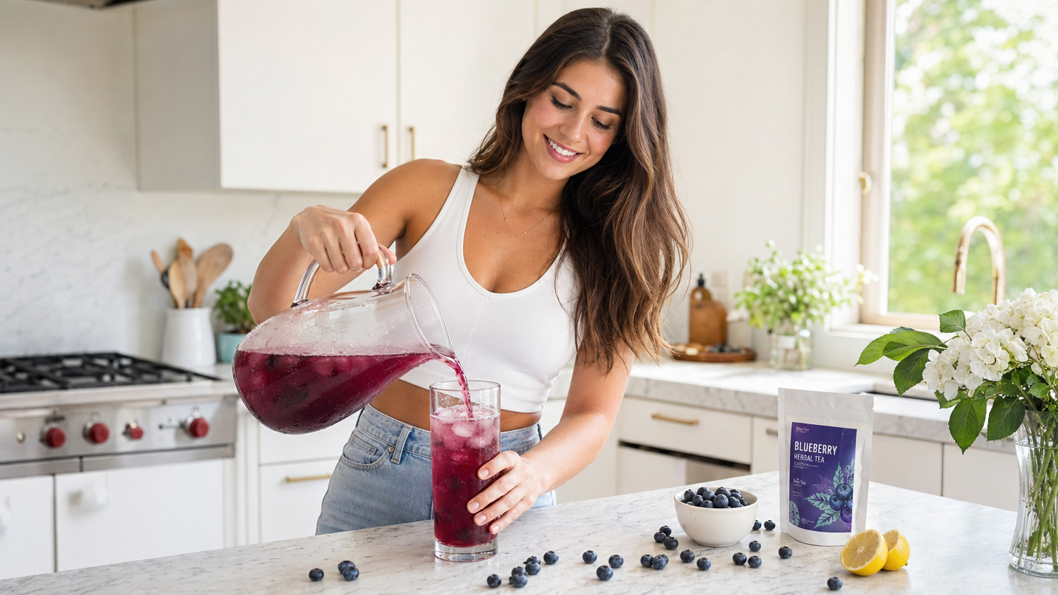 Woman pouring berry detox tea from pitcher in bright kitchen