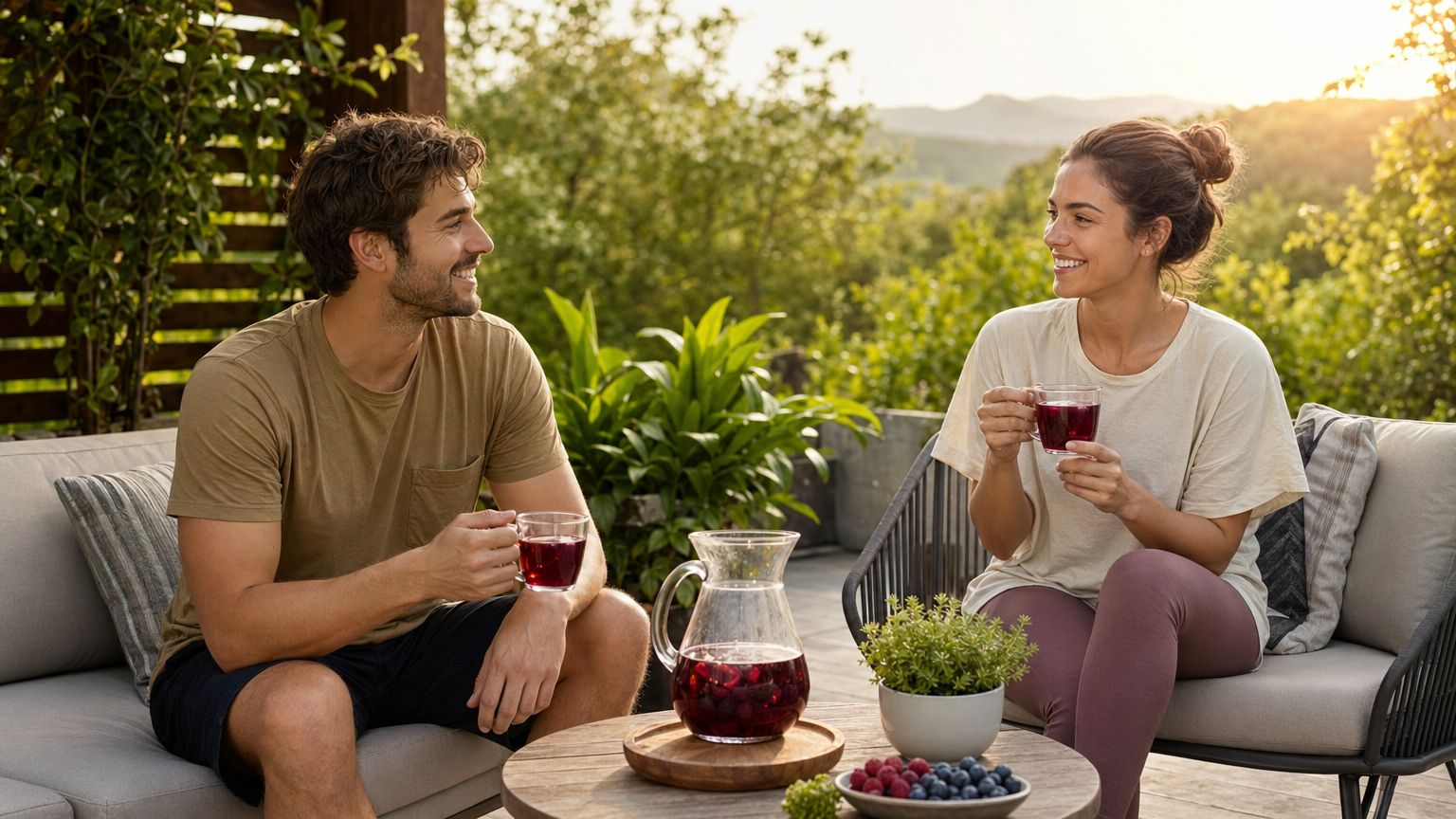Couple enjoying berry detox tea together on a sunny patio